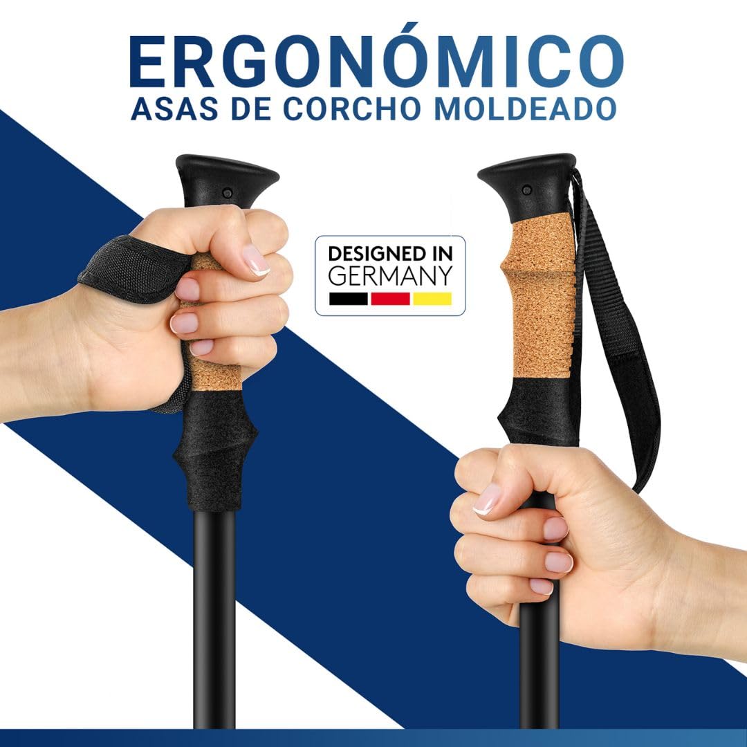 Bastones de Senderismo y Bastones de Marcha nórdica – Bastones de Senderismo telescópicos con Juego de topes de Goma – Bastones de Trekking para Hombre y Mujer – Extra Ligero y Ajustable con Mango de