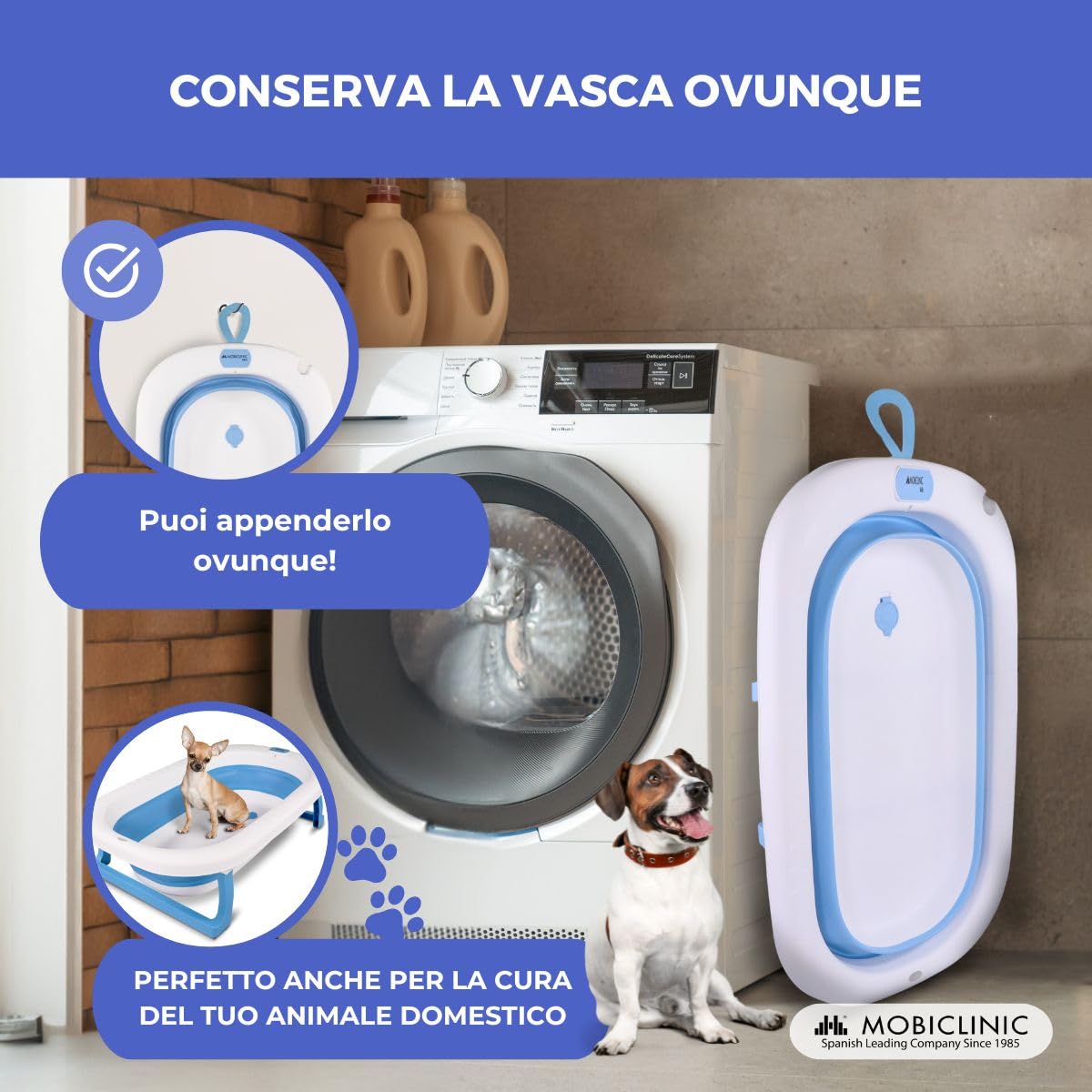Mobiclinic® kids, Vaschetta bagnetto neonato, Pieghevole, Bubba, Design interno antiscivolo, Facile trasportare, Maniglia per appenderla, Include tubo di drenaggio, Piedini, Sicuro, Blu