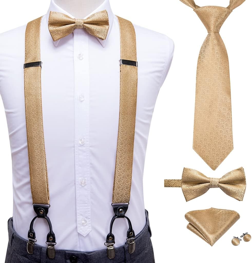 Vintage Y Back Suspenders Bowtie Tie Hankerchief Cufflinks Adjustable Silk Adult Mens Suspender Set