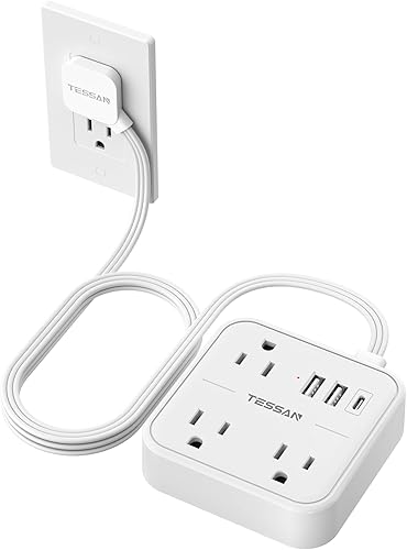 Miniatura 11 de TESSAN Cable de extensión plano ultradelgado de 5 pies, regleta de alimentación delgada con puertos USB (1 USB C), protector contra sobretensiones