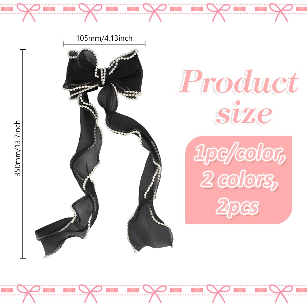 HOBBIESAY 2Pcs Long Tail Bow Hair Accessories with Pearls Polyester Bridal Hair Clips Bowknot Pearl Barrettes Bow Ribbon Hairpins for Wedding Party Festival Black and White 4.1x13.8 Inches - Image 3