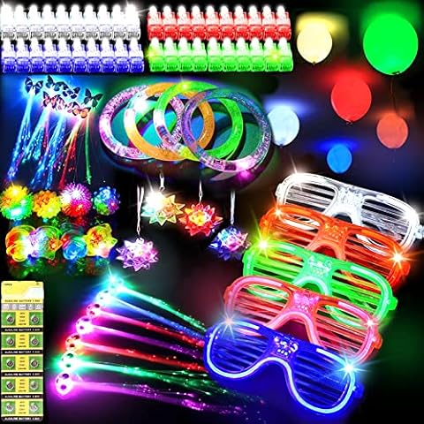 ThEast 88 PCS LED Light Up Toys Party Favors Glow in the Dark Party Supplies with Finger Lights Glow Glasses Jelly Rings Glow Balloons Bracelets Butterfly Lights Crystal Necklaces Cover