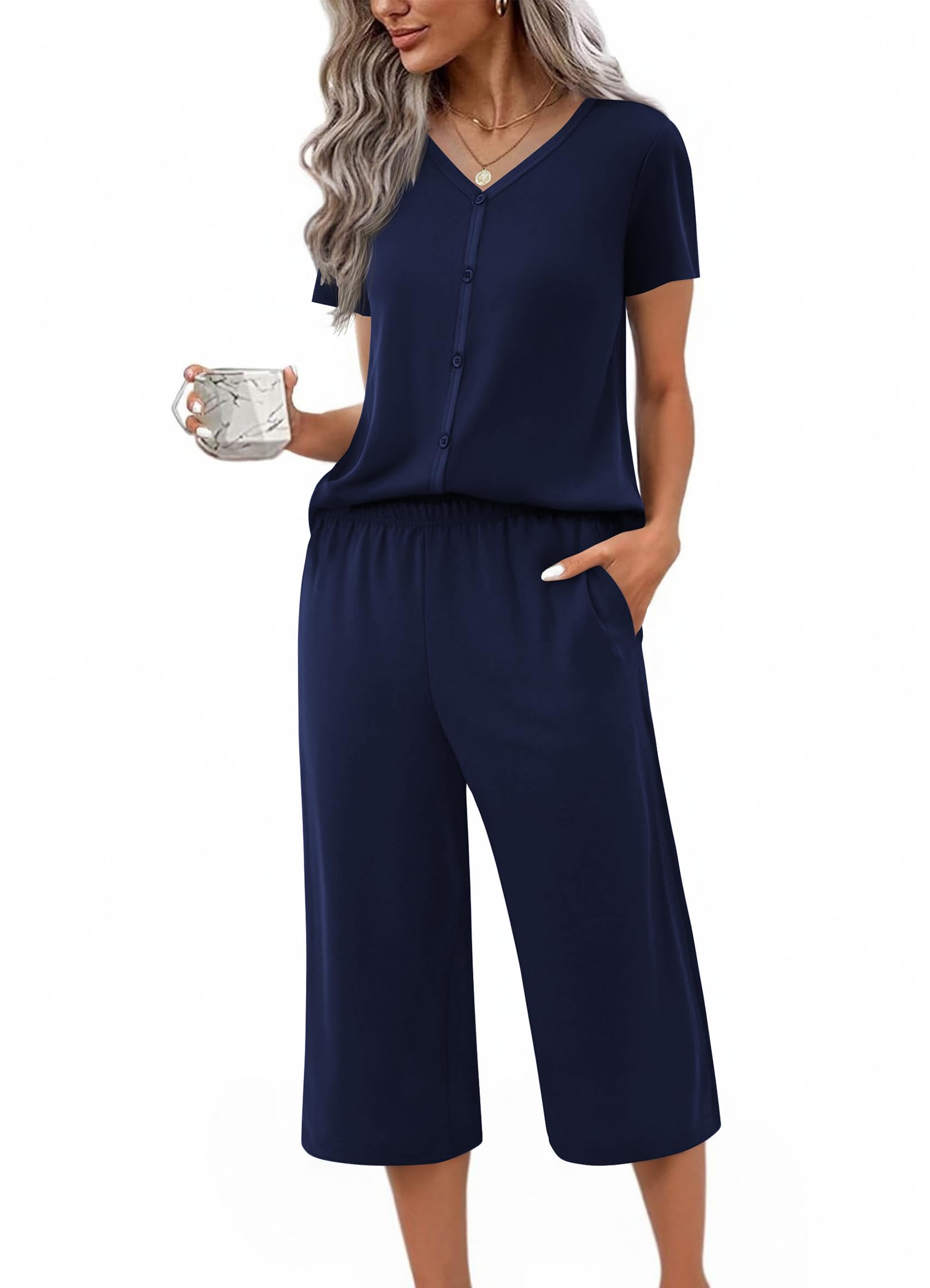Ekouaer Women's Pajama Sets Short Sleeve Sleepwear Button Up Pj Loungewear Top and Capri Pants with Pockets