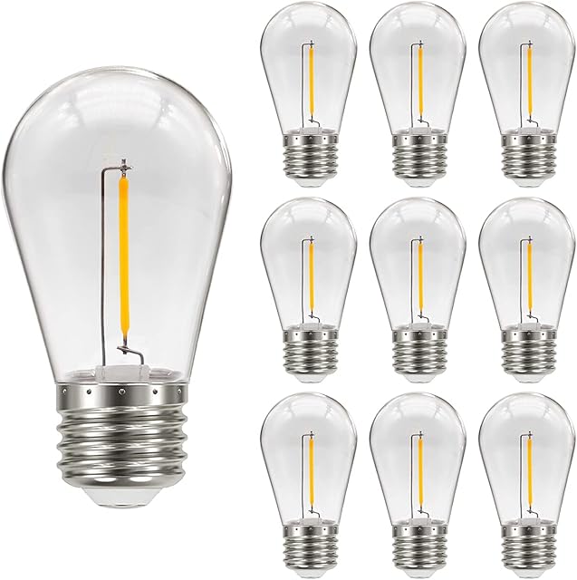 MZYOYO S14 E27 LED Edison Light Bulbs,1W LED for S14 LED Fairy Lights,Vintage Filament Lamp,Plastic, 2200K Warm White,Non Dimmable,for Living Room,Party, Festival,Decoration,10 Pack,Energy Class G