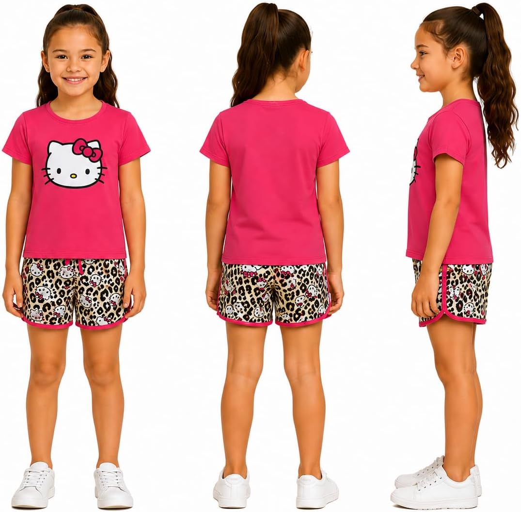 Hello Kitty Girls Short Set - 2 Piece Short Sleeve Graphic Tee and Shorts Clothing Outfits (Sizes: 2T-12)