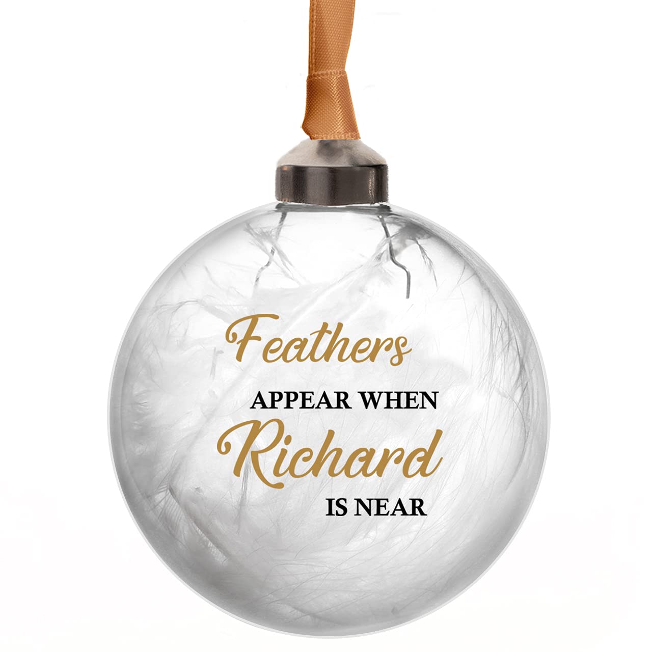 Personalised Memorial Bauble Glass 11 Colours White Feather Filled Feathers Appear Christmas Tree Decoration (Gold)