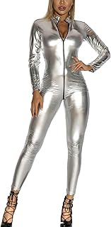 Women's Metallic Leotard Mesh Front Leather Bodysuit Jumpsuit with Chains