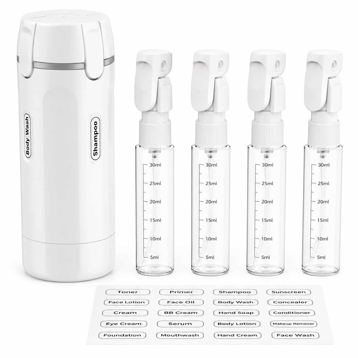4 in 1 Travel Dispenser Bottle, TSA Approved Leak Proof Refillable Travel Toiletry Containers, 4×30ml Bottles for Shampoo,Oil,Lotion,Body Wash,Travelling Accessories Kit for Women,Men (White)-image-26