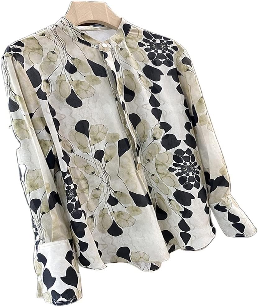 SHYPYG 春と秋のトップヴィンテージ水墨画イミテーションシルクシャツボトムレディーストップ (Color : A, Size :