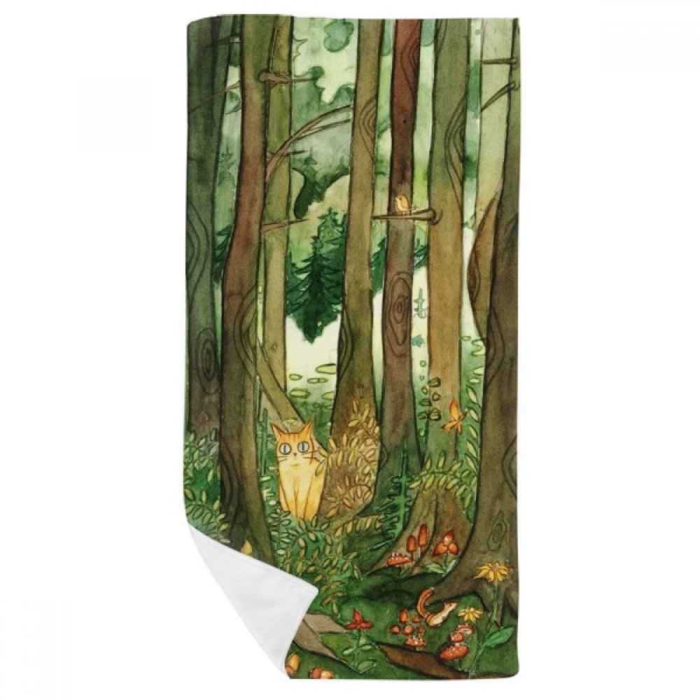Serviette de bain douce avec peinture de forêt et chat mignon multicolor