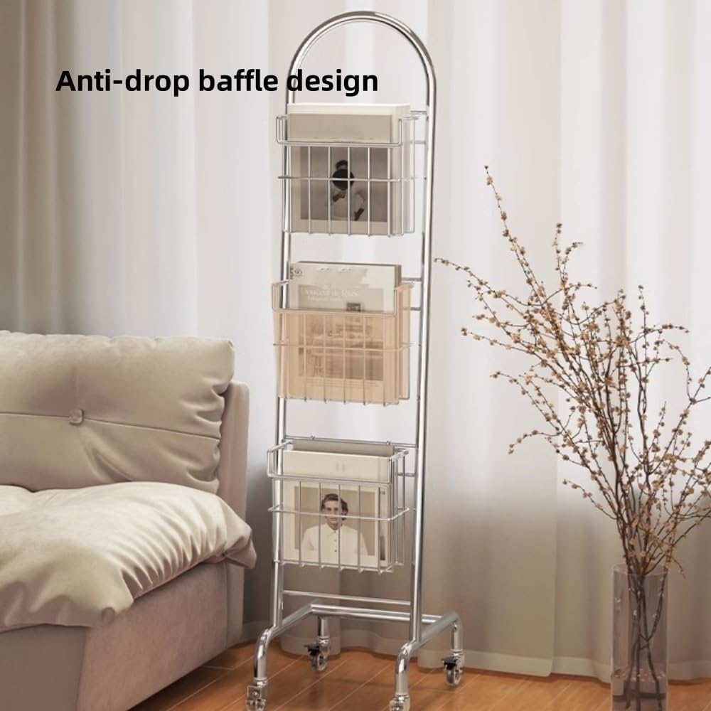 3-Tier Stainless Steel Floor Display Rack - Mobile Newspaper, Magazine & Brochure Organizer with Crystal Wheels - Durable Arched Storage for Books & Literature