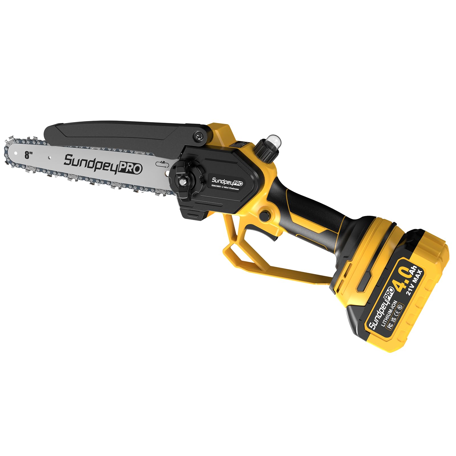 Mini motosega con batterie, 2 x 4000 mAh, 20,3 e 15,2 cm, senza spazzole, per potatura di legno e rami, giallo