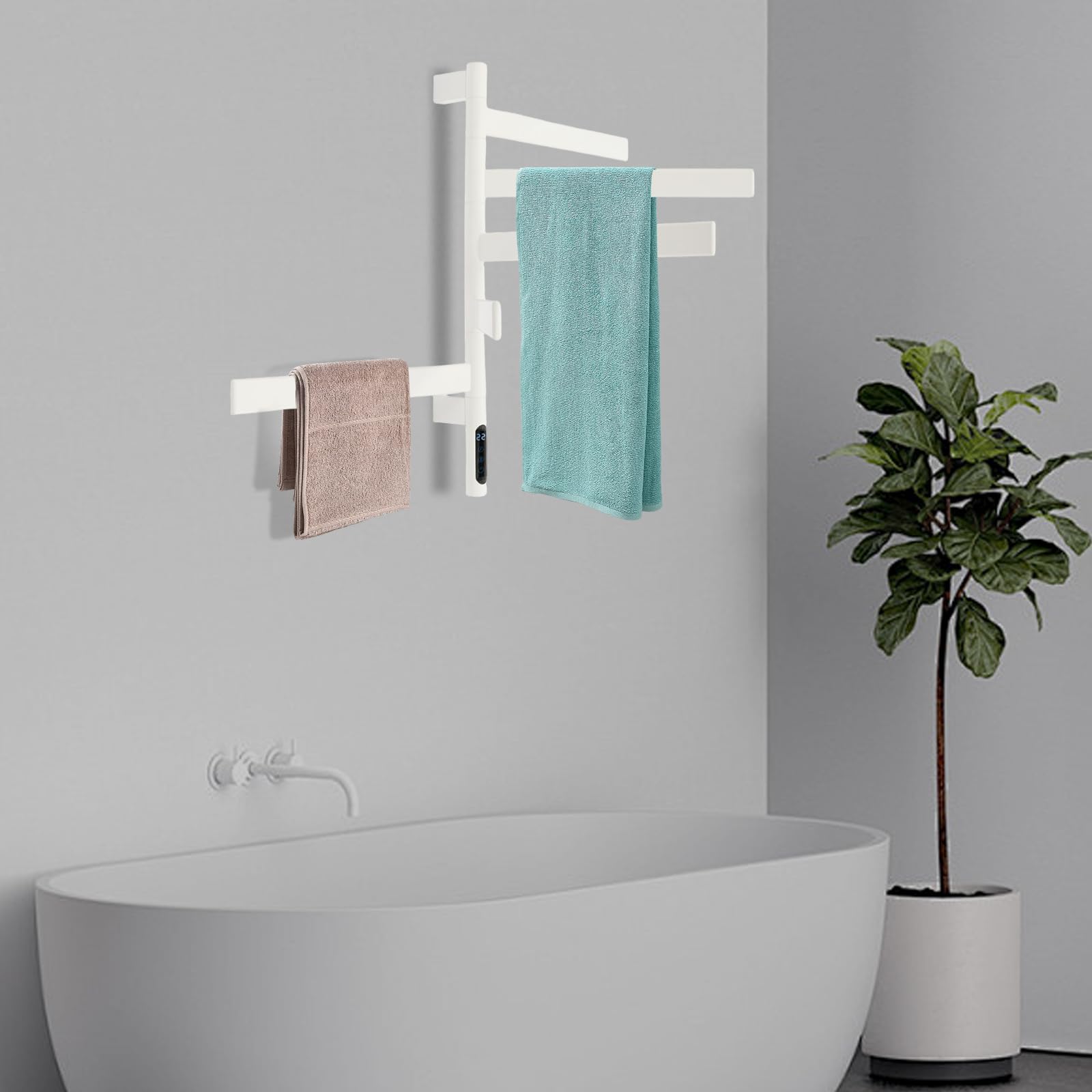 Weißer 5-stabiger Elektrischer Handtuchwärmer – Drehbar | Schnellheizung & Timer-Funktion | Ideal Für Badezimmer | Wellnessbereich & Gäste-WC – Stilvoll | Praktisch & Platzsparend