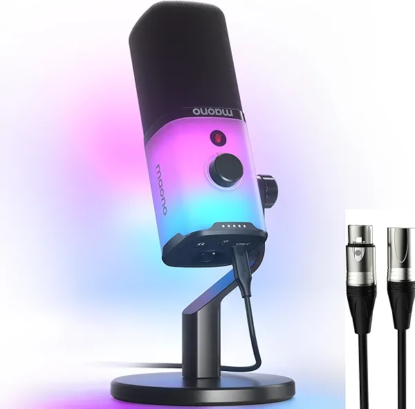MAONO USB/XLR Dynamic Microphone for Gaming Podcast,Computer PC Microphone RGB, Mute Button, 48kHz/24bit Podcasting Desktop Mic Kit