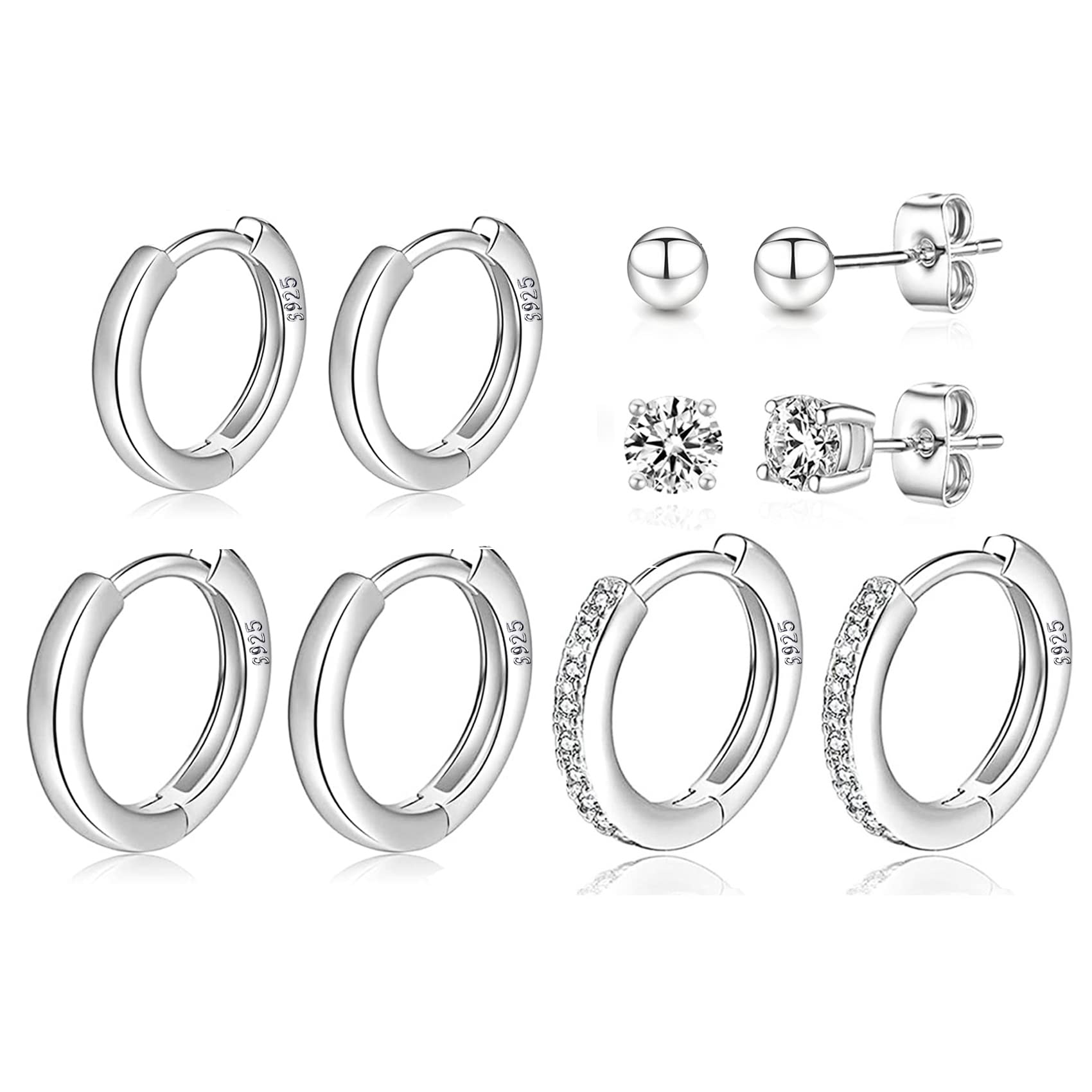 MOROTOLE 4 Paar kleine Creolen für Damen 925 Silber Post Huggie Set 18 Karat Gold/Silber Creolen Schläfer Ohrringe für Mädchen Mehrere Piercings Kleine Kugelohrstecker