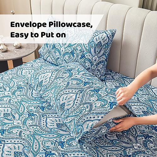 Image of Softan Blue Twin Size Sheet Set, Paisley Printed Bed Sheets for Single Bed, 3-Piece Microfiber Fitted Sheet with 15 inch Deep Pocket & Non-Slip Straps, Patterned Bedding Sheets & Pillowcase Set