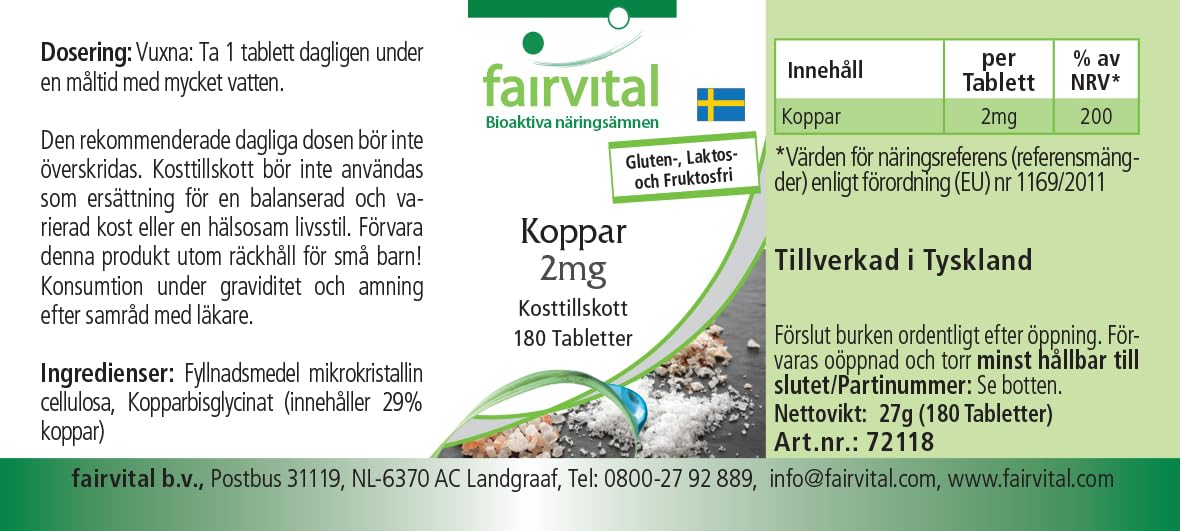 fairvital Rame 2 mg, 180 compresse, facili da deglutire, bisglicinato di rame, qualità testata e ad alto dosaggio, 100% vegano, Made in Germany