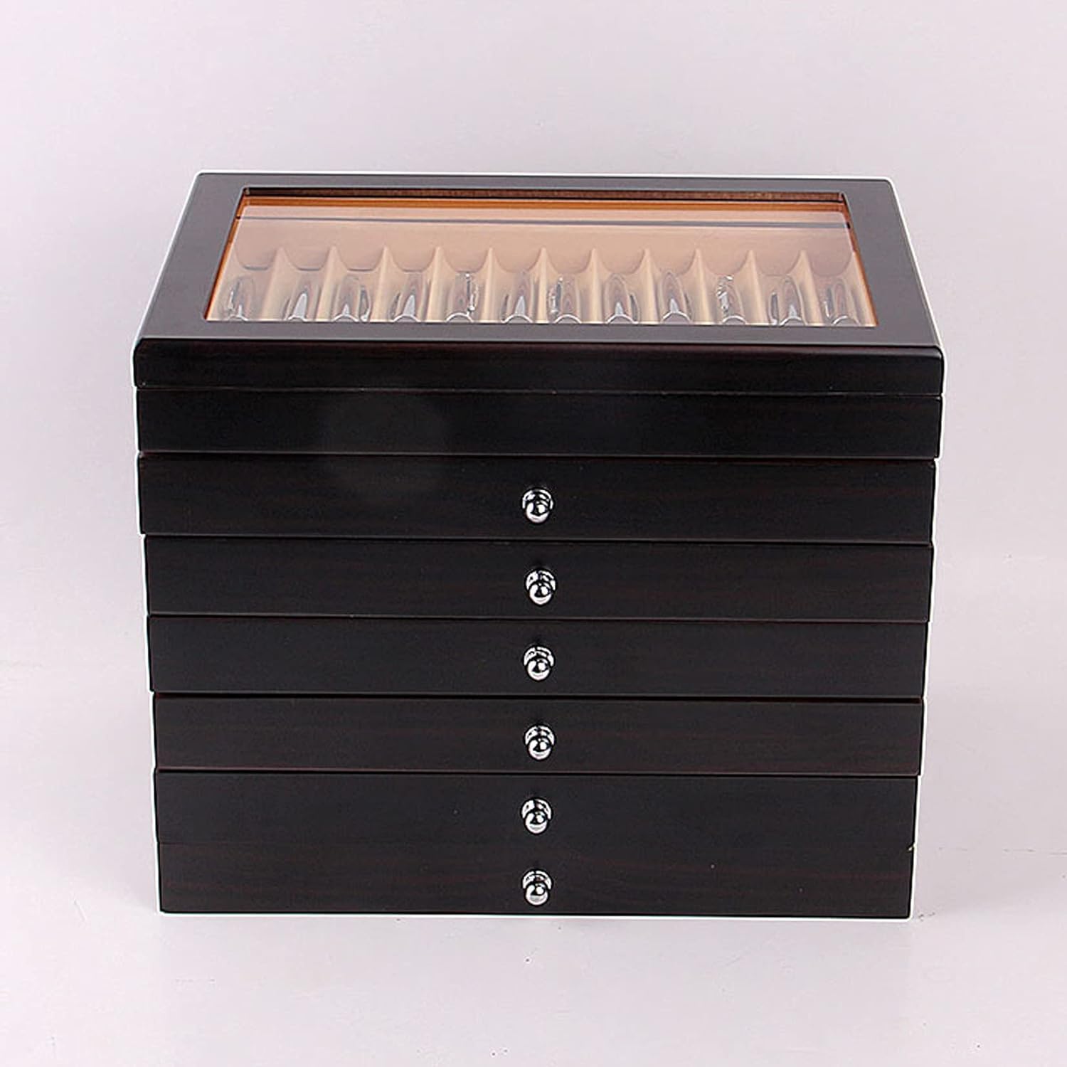 7-lagige Füllfederhalter-Displaybox mit 78 Fächern, Organizer, Aufbewahrungsfach aus Holz, Schubladenetui, Stiftehalter mit Glasfensterdeckel (Farbe: Schwarz)