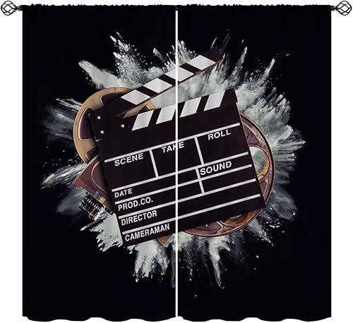 Miniatura 15 de Cortinas opacas de cine para niñas y niños, decoración del hogar, cámara retro, cinematografía, película de cine con bolsillo para barra, cortinas