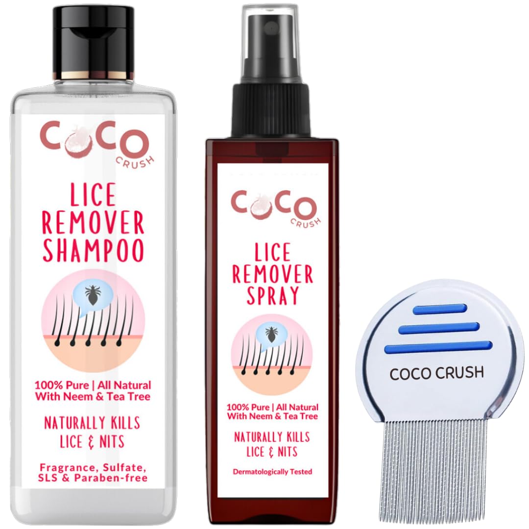 Ayurvedic Anti-Lice Combo: Lice Removal Shampoo, Lice Hair Spray & Lice Comb | 100% Natural | Kills Lice, Eggs & Nits | Safe for Kids | Neem, Tea Tree & Camphor (2*100ml + comb) (200ML)