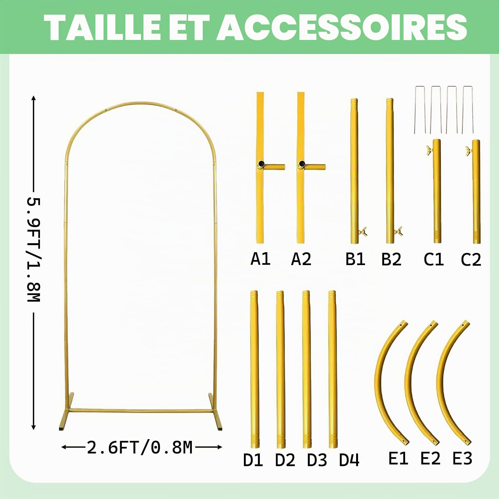 Structure et support de fond en métal doré de 1,8 m de hauteur et 0,8 m de largeur pour mariages, anniversaires, remise de diplômes et fêtes