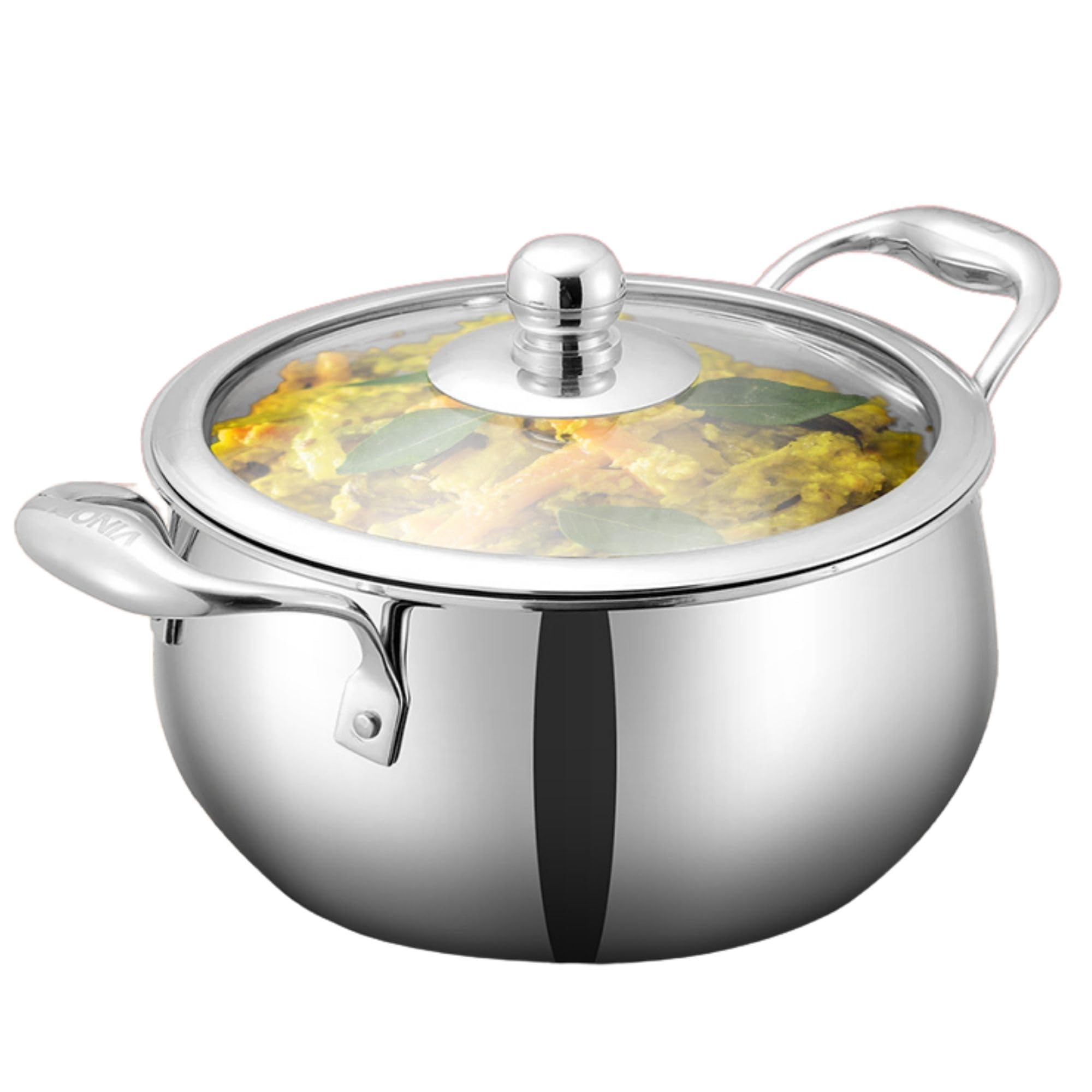 Vinod Belly Shape Platinum Triply Stainless Steel Saucepot - 3.7 Litre, 20cm | Glass Lid | Biryani Pot | Rivetted Handle | Induction & Gas Base - 5 Year Warranty