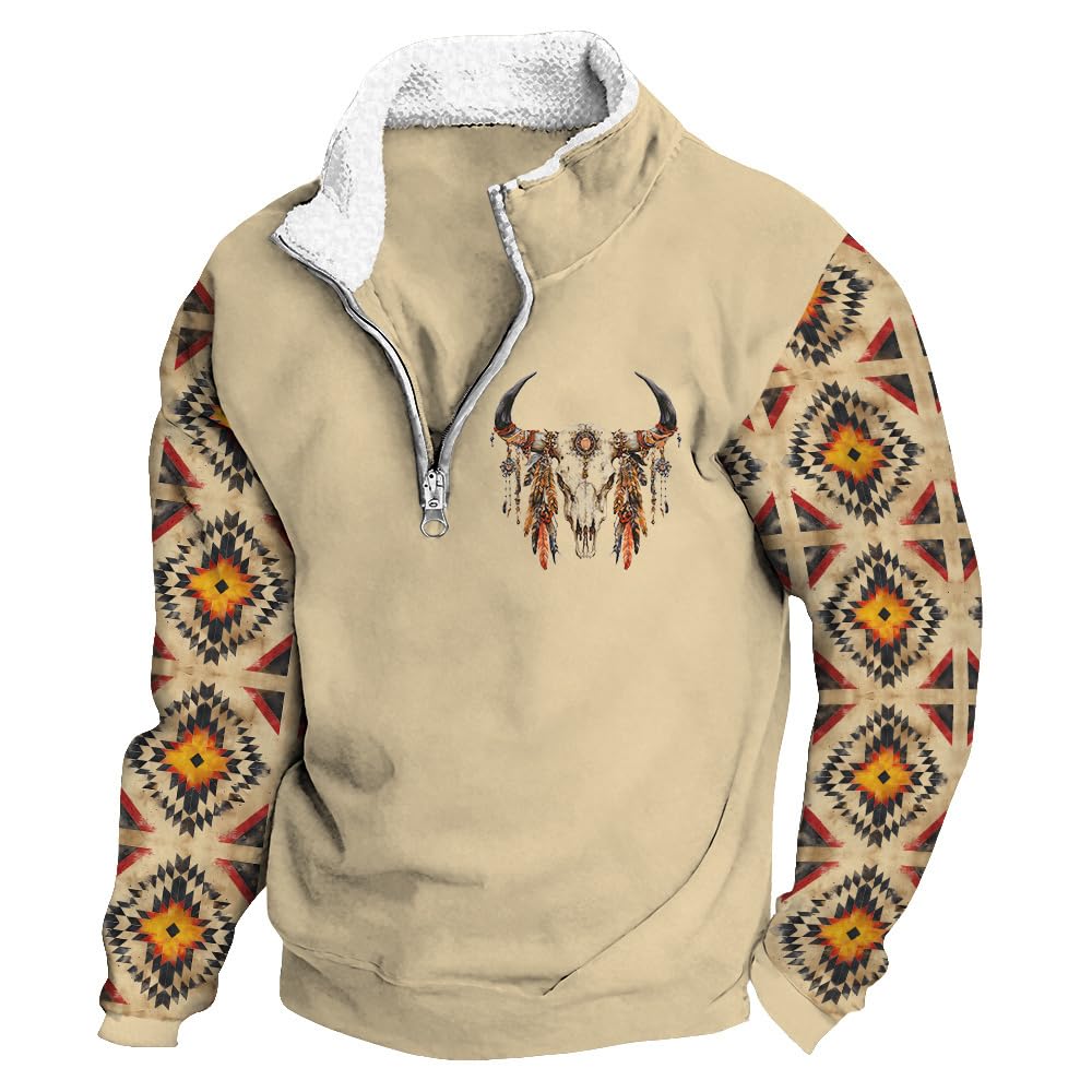 Fleece Stand Collar Sweatshirts for Men Aztec Print Long Sleeve 1/4 Zipper Sweatshirt Western Cowboy Graphic Hoodies Loose Fit Pullover Country Jackets I-Cow Skull Apricot 01 L
