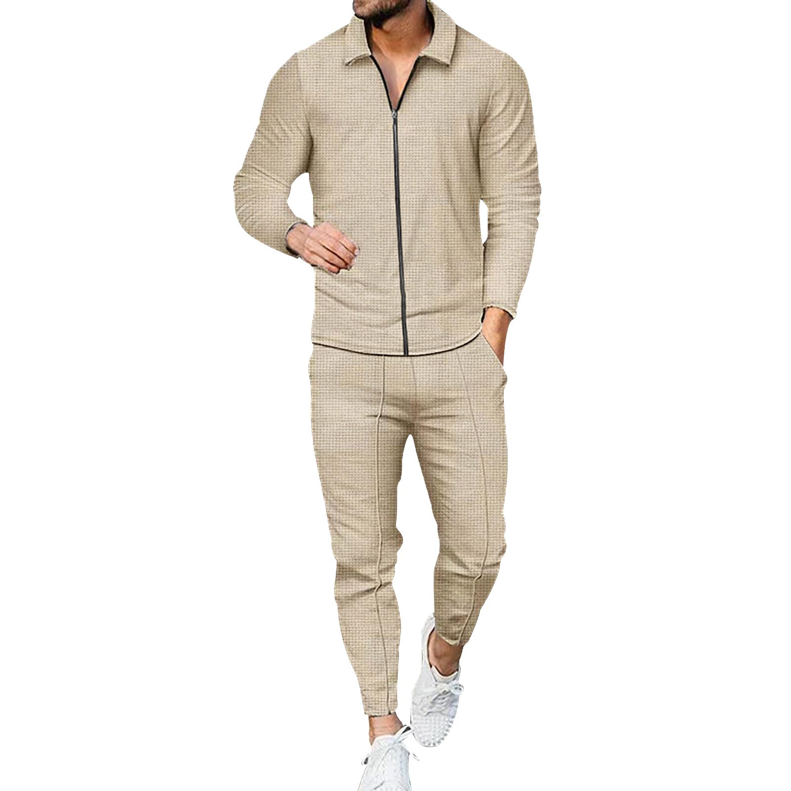 Tuta da uomo per il tempo libero, set da 2 pezzi, tuta sportiva, slim fit, con chiusura lampo, polo e waffle, pantaloni per il tempo libero, set per uomini, classico, stile urbano