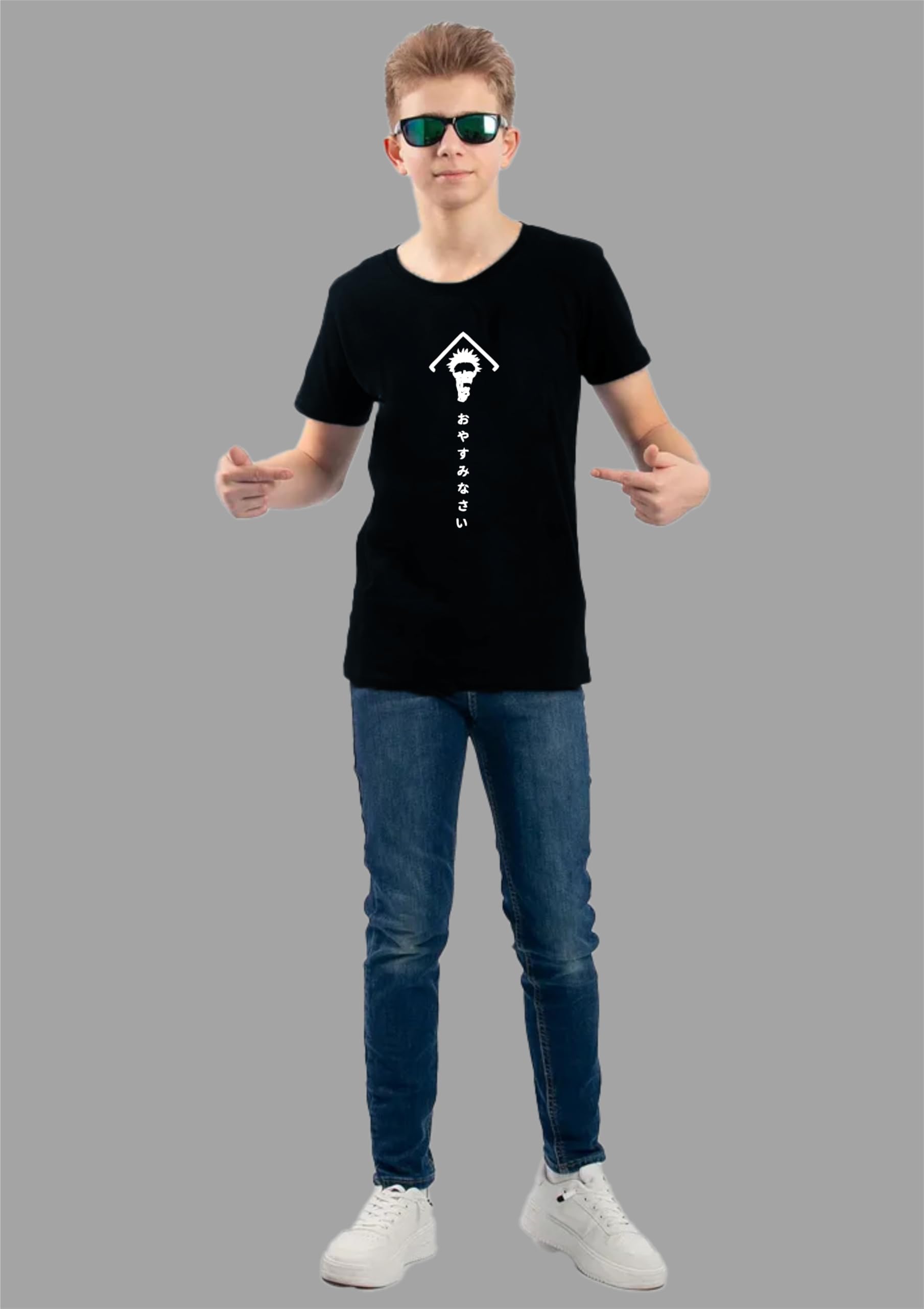 Uniplanet Store T-shirt nera da ragazzo in misto cotone mezza manica vestibilità regolare retro anime jujutsu stampata