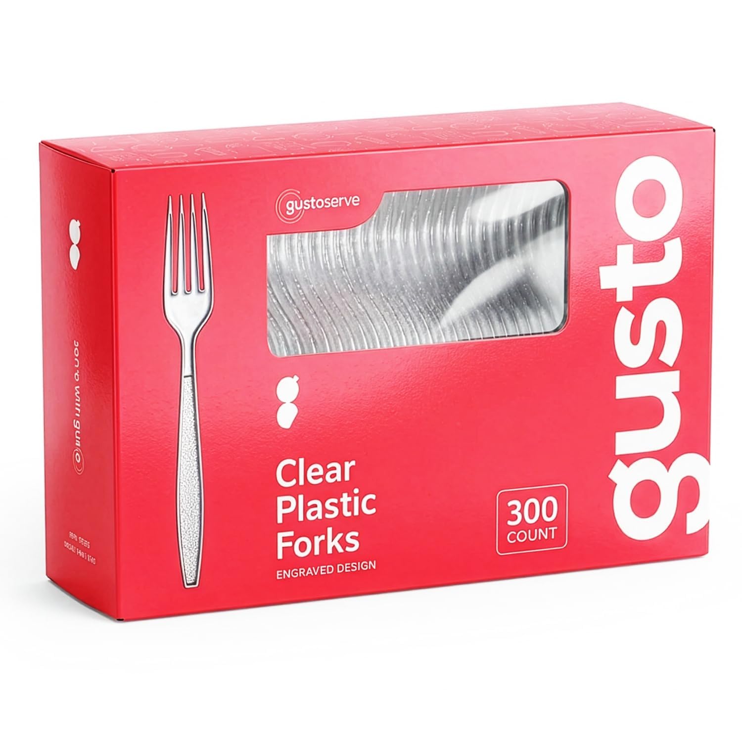 GUSTO [300 Pack] Heavyweight Clear Plastic Forks with Engraved Design - Disposable Sturdy Plastic Utensils for Parties, Weddings, and Events (Formerly Comfy Package)