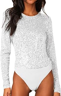Long Sleeve Sequin Bodysuit Glitter Sparkle One Piece Top with Sheer Mes...