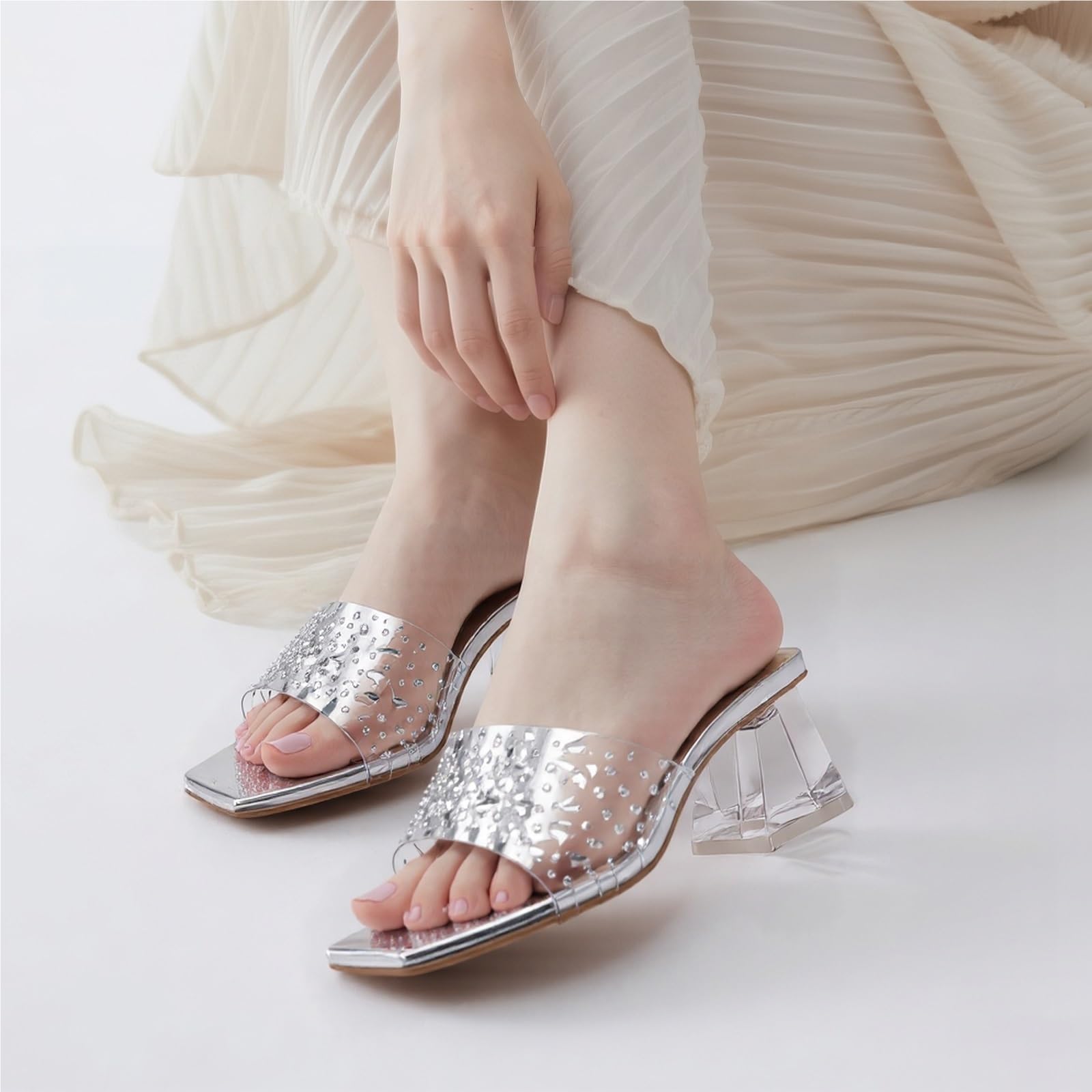 Sandali da donna con strass trasparenti, sottili, tinta unita, punta quadrata, pantofole tacco alto for le donne Per la Festa Serale di Nozze