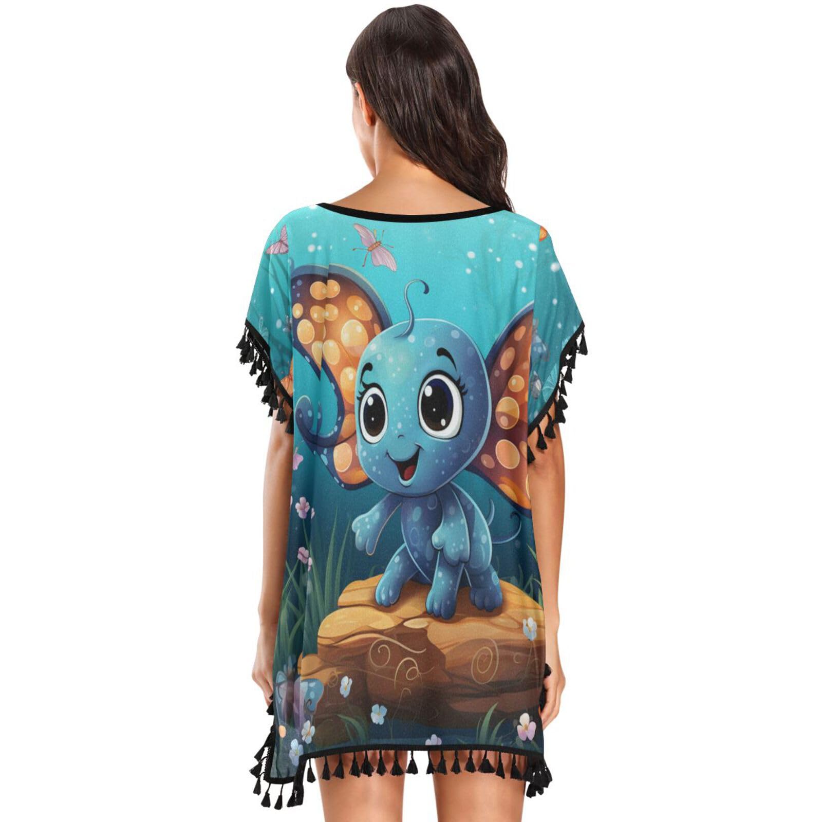 Sea Flower Animals Octopus Women's Beach Cover Up Chiffon Tassel Swimwear Swimsuit Coverups for Girl
