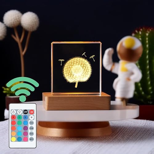 EFH Mini lámpara de luz nocturna de cubo de cristal de 2 pulgadas, decoración grabada con láser 3D, base de madera, control remoto, modelo de varios
