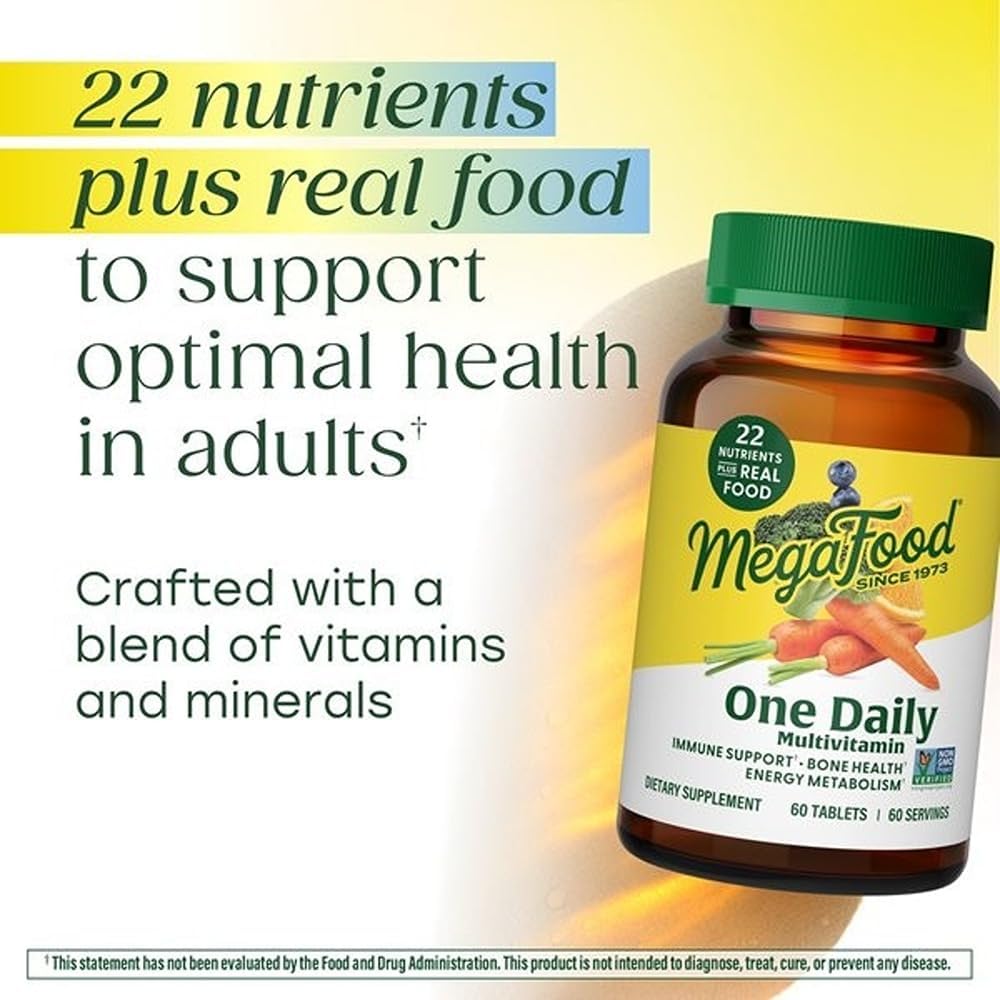 MegaFood One Daily Multivitamin for Women and Men, Immune Support Supplement with Real Food, Vitamin C & Vitamin B, Bone Health, Cellular Energy Metabolism, Vegetarian, Non-GMO, 90 Tablets