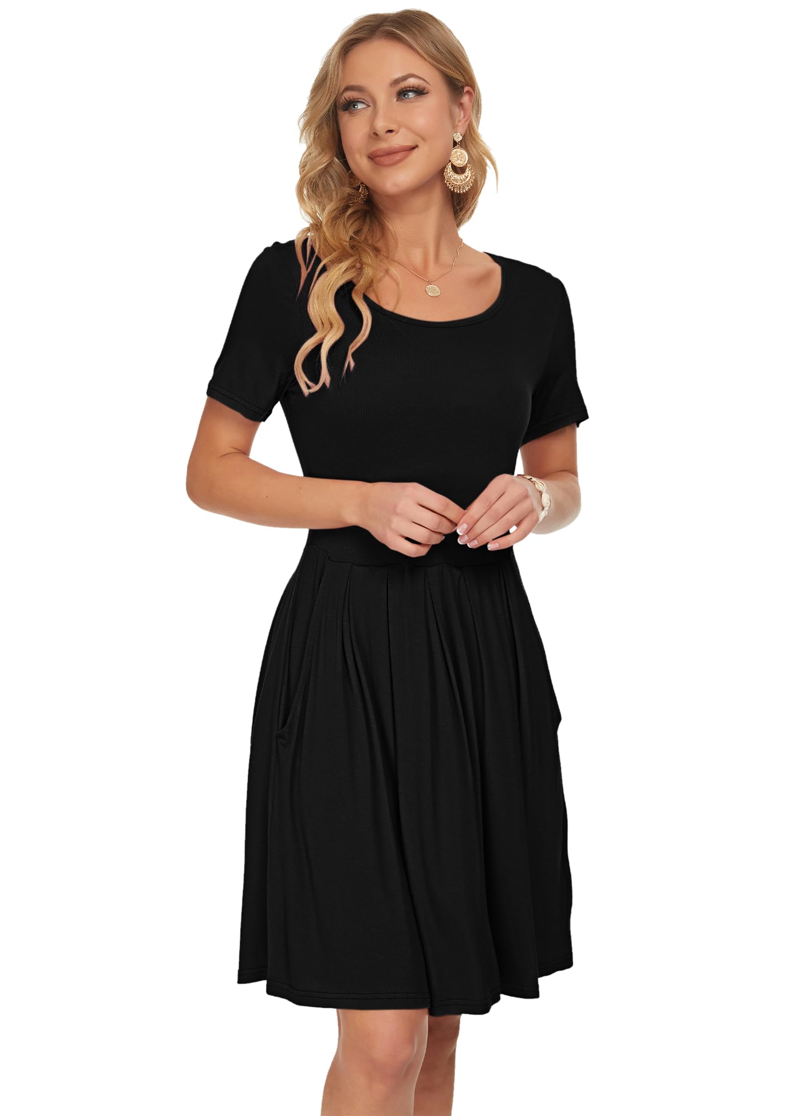 AUSELILY Damen Kurzarm Plissee Loose Swing Freizeitkleid mit knielangen Taschen