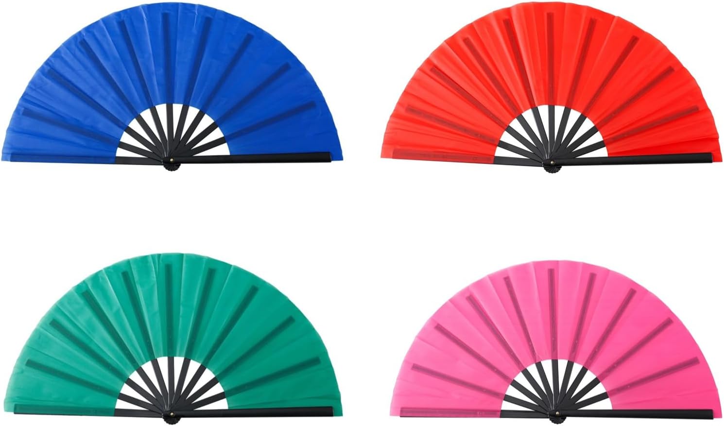 10 in Folding Fans 4 Pcs, Red Blue Green Rose Red, Black Ribs Chinese Kung Fu Tai Chi Fan, Line Dance Fans
