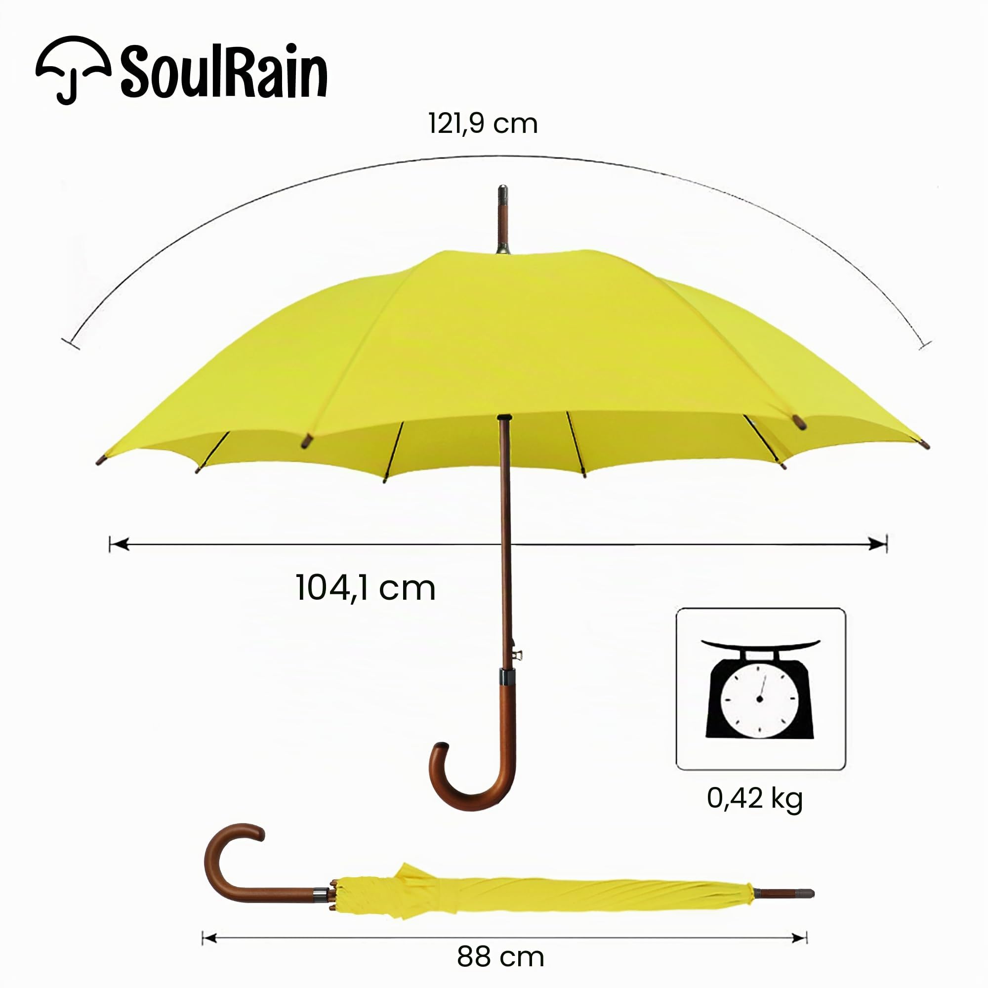 SoulRain Ombrello da 122 cm, con manico in legno, apertura automatica, antivento, trasparente, infrangibile (giallo)