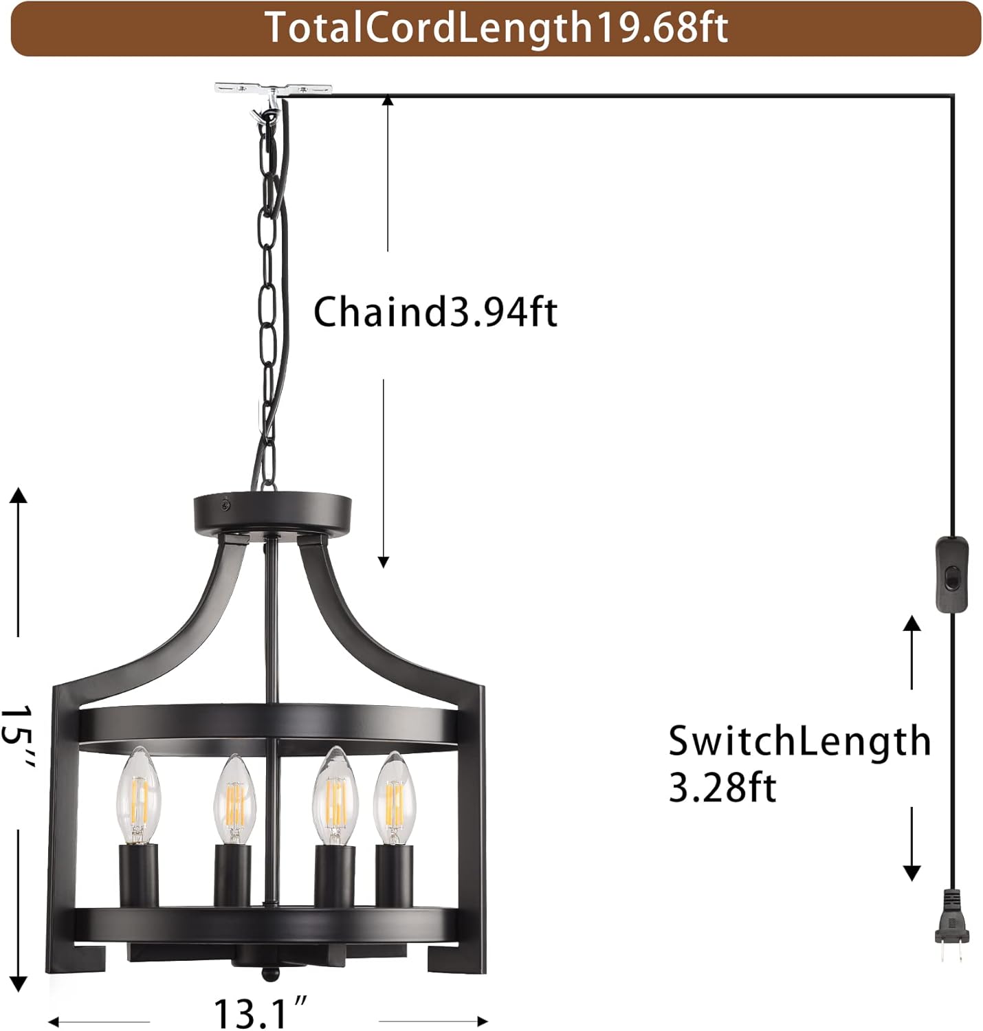 Plug in Chandelier Black Farmhouse Pendant Light Fixture, Adjustable Flush Mount Ceiling Light with 19.6 ft Hanging Cord for Kitchen Island, Dining Room, Living Room, Bedroom, Foyer, Entry