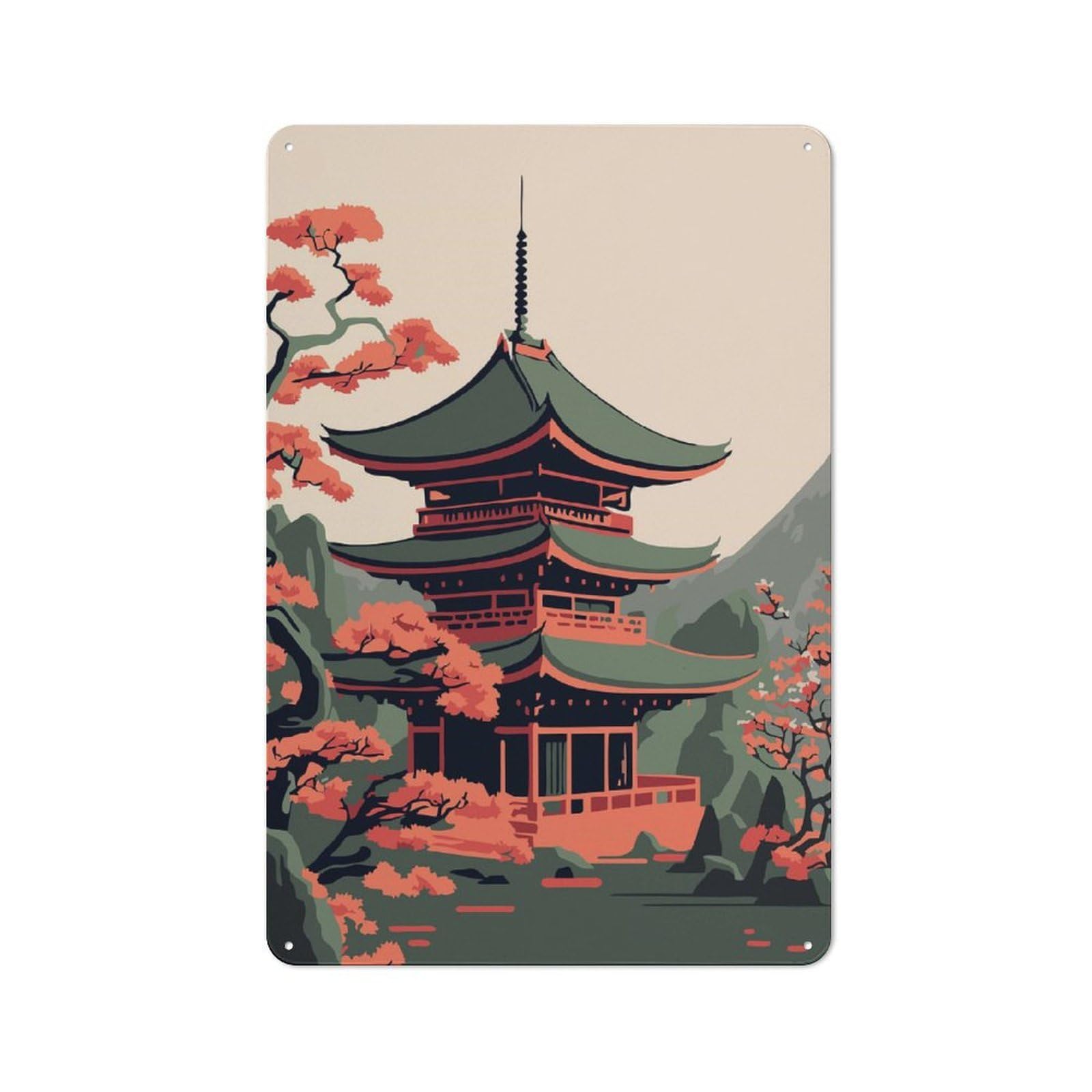 Junmoney Pagoda Japan Tin Wall Plaque 30X20cm With For Man Cave Or Games Room, For Garage, Workshop And Man Cave Decoration