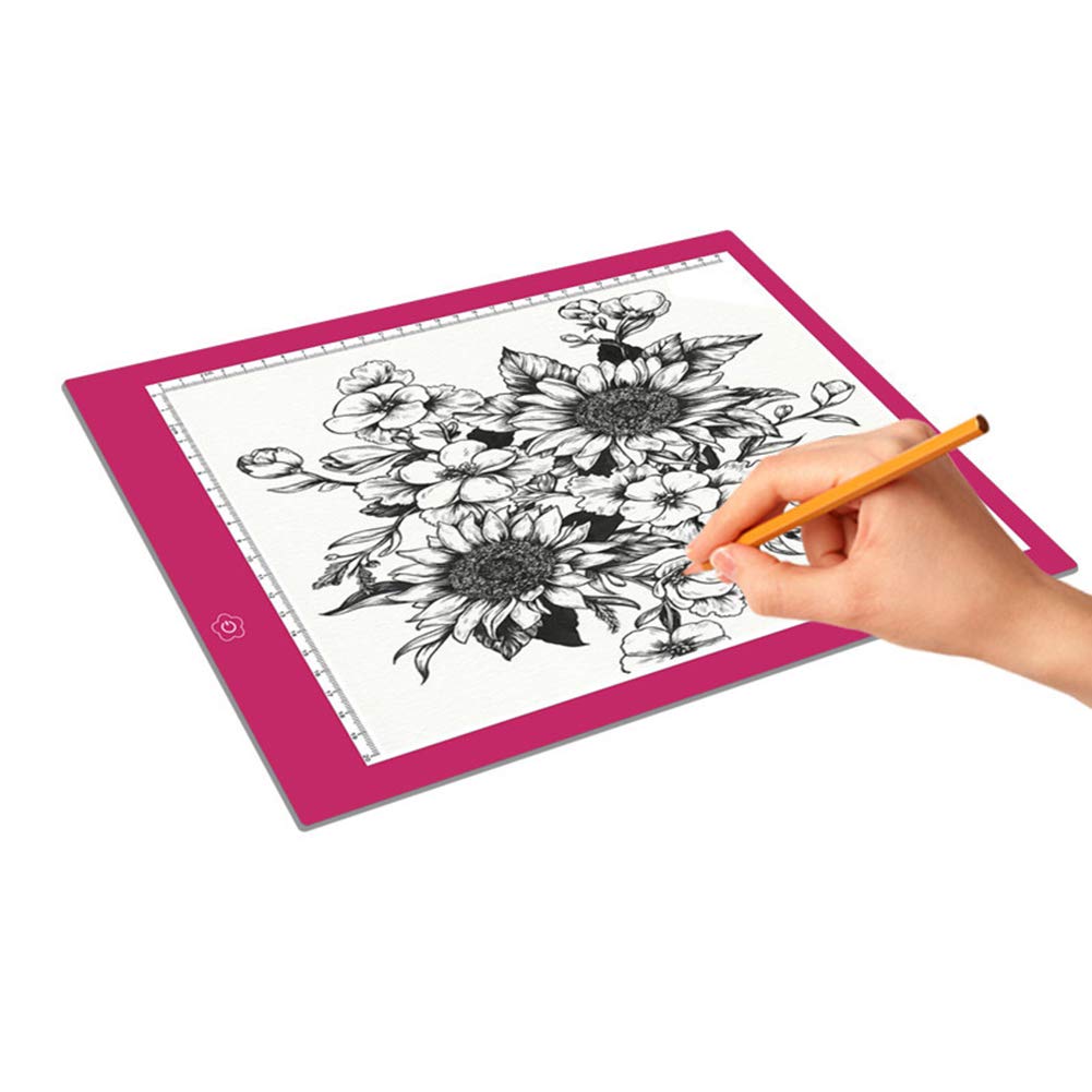 Scatola Luminosa Rosa A4 con Scala, Tavolo da Disegno A LED Dimmerabile, Pad di Tracciamento Alimentato Tramite USB per Schizzo Calligrafia Pittura Diamante