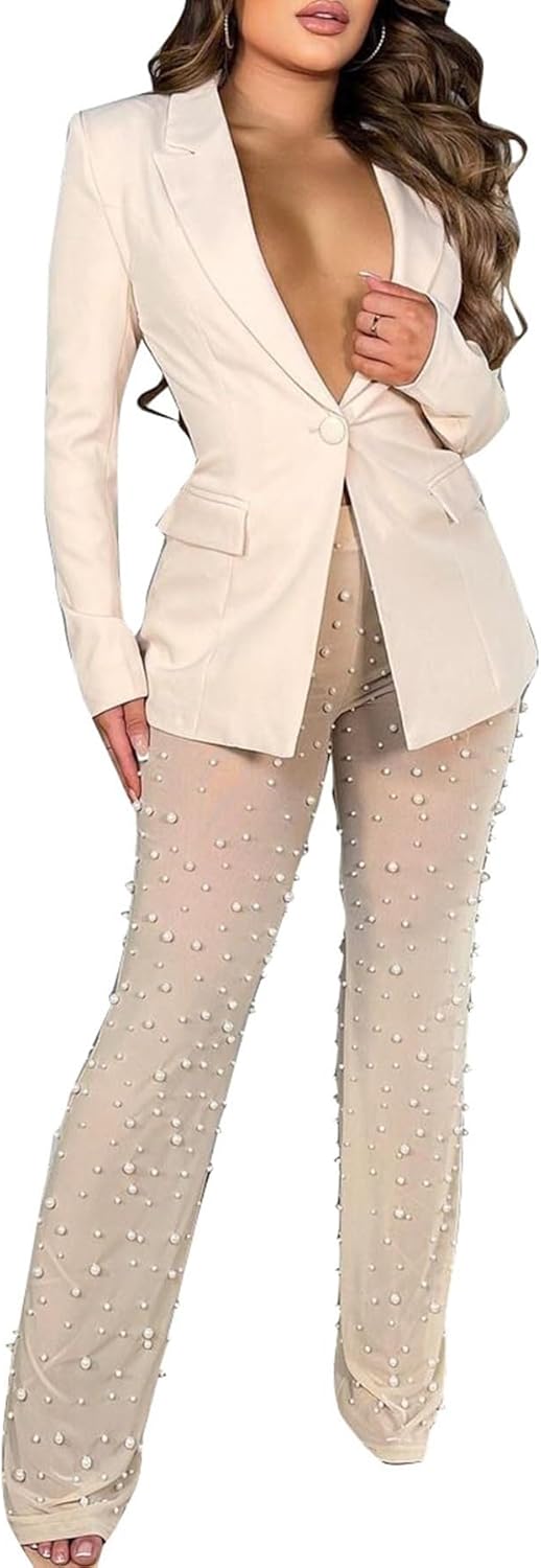 Women's 2 Piece Blazer Suit Set with Pearl Embellished Mesh Sheer Pants, Long Sleeve Party Outfit