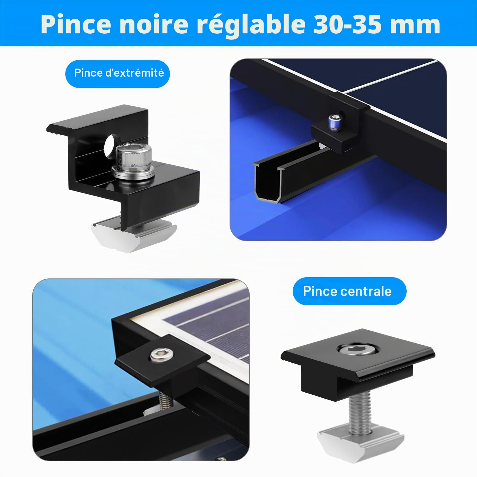 Support de Panneau Solaire pour 2 Modules, Rails Profilés en Aluminium de 12cm + Pince Réglable pour Modules de 30 à 35mm D'épaisseur, Kit de Montage pour Toit Plat, Trapézoïdal, Toit en Tôle