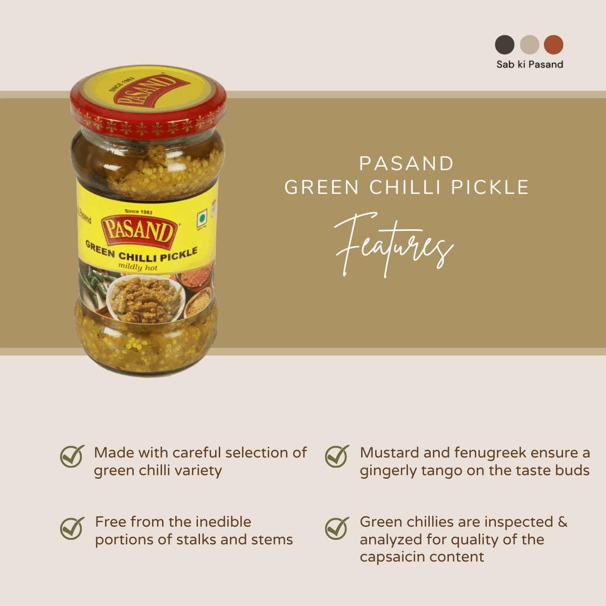 PASAND Green Chilli Pickle 280g | Hari Mirchi Ka Achar | mildly Hot & Spicy Green Chilli Pickle | Traditional Homemade Style Pickle | with mustard 1
