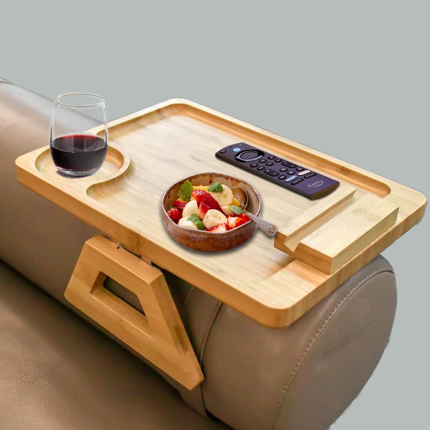 Large Sofa Armrest Tray Bamboo Sofa Tray Table Clip on Side Table for Wide Couch Foldable Couch with 360 Phone Holder (Natural, 15.8")