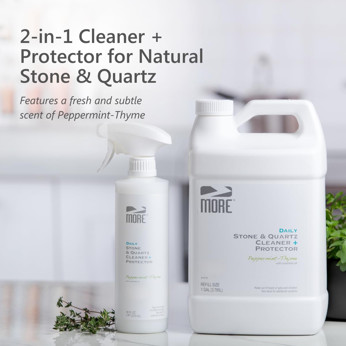More Stone & Quartz Cleaner + Protector – Fórmula a base de agua para superficies de piedra natural y cuarzo (paquete de pinta y galón)