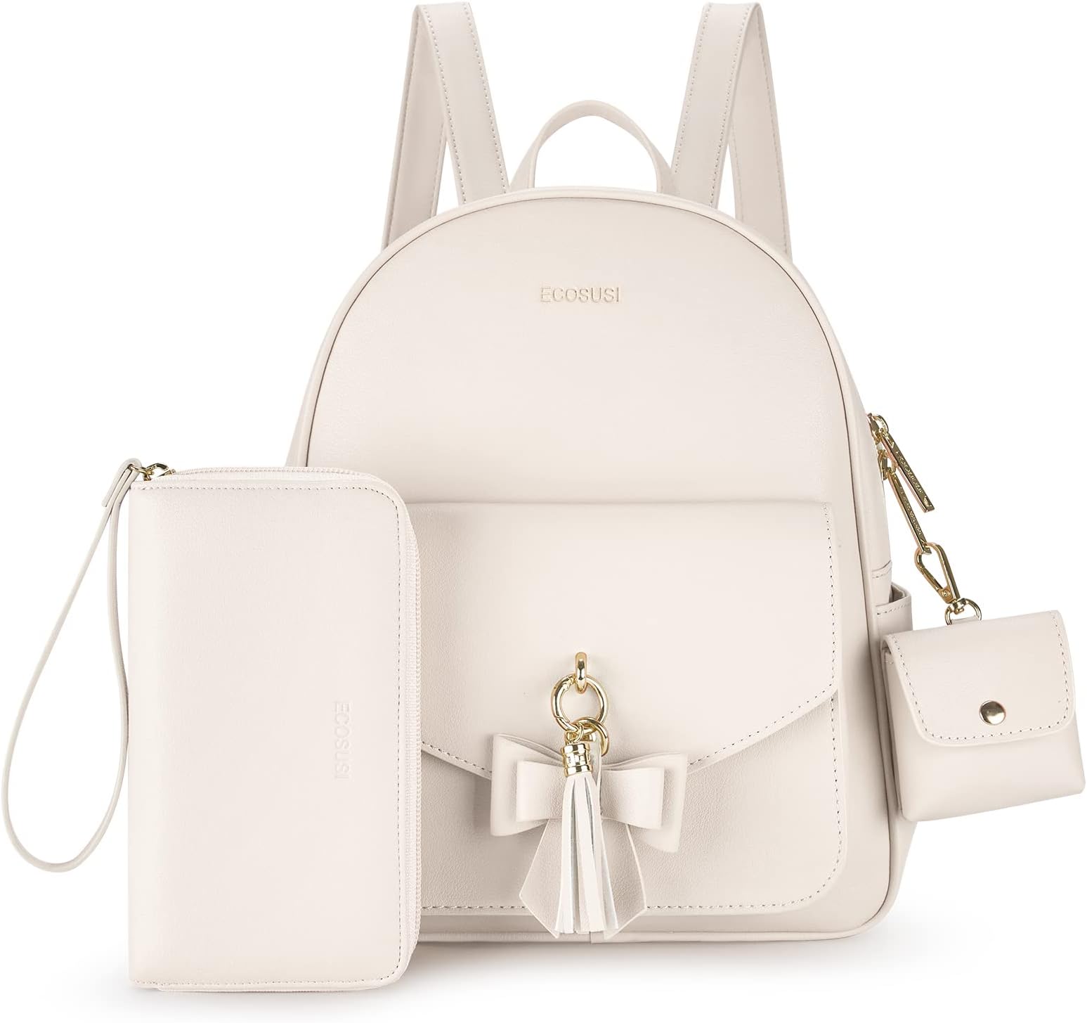 ECOSUSIWomen Backpack Purse Water Resistant PU Leather Backpack Fashion Rucksack Ladies College Daypack with Tassel,2 Pcs