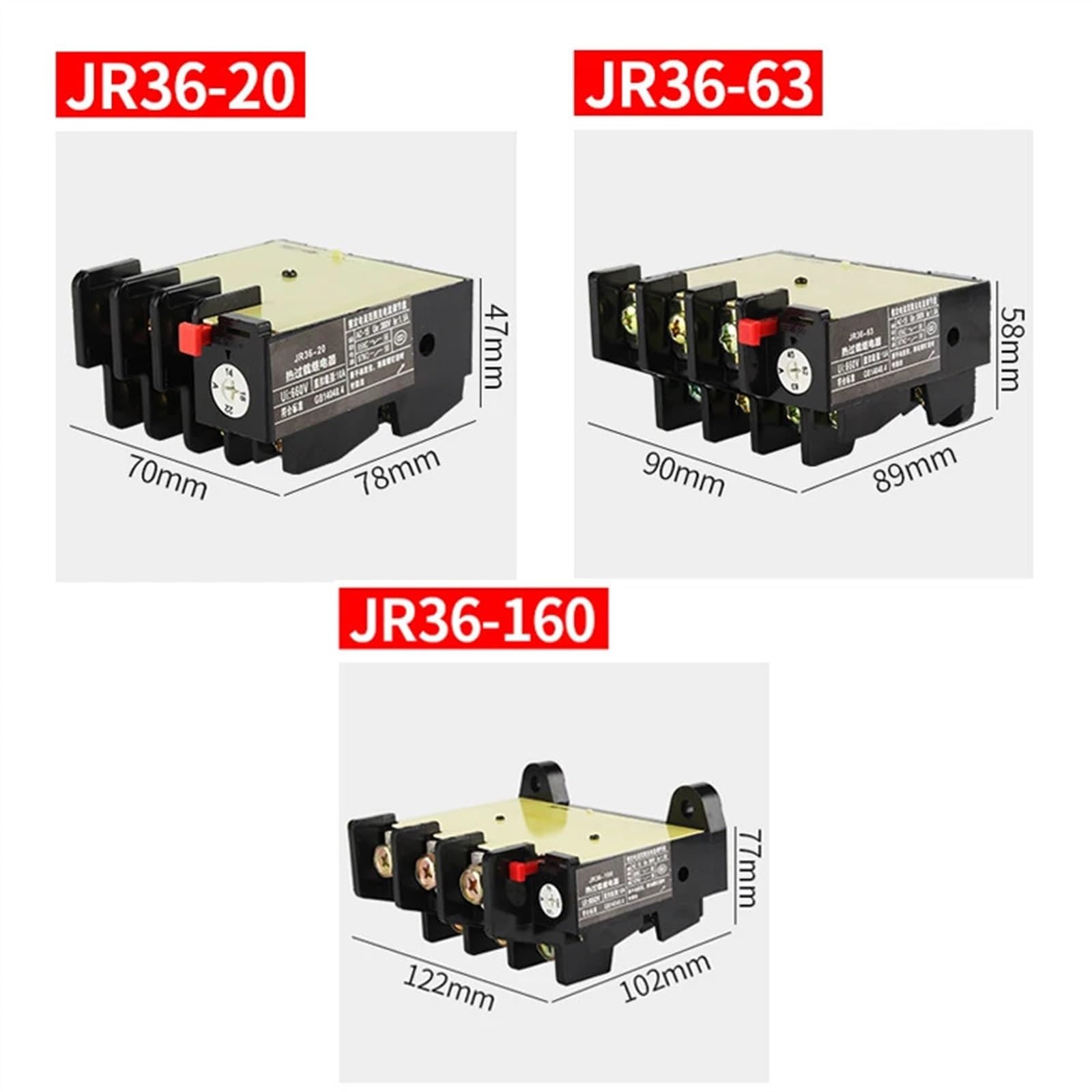 Relé de protección del motor de sobrecarga térmica JR36 JR36-20/63/160 0.6A-16A normalmente abierto/normalmente cerrado(JR36-63 40-63A)