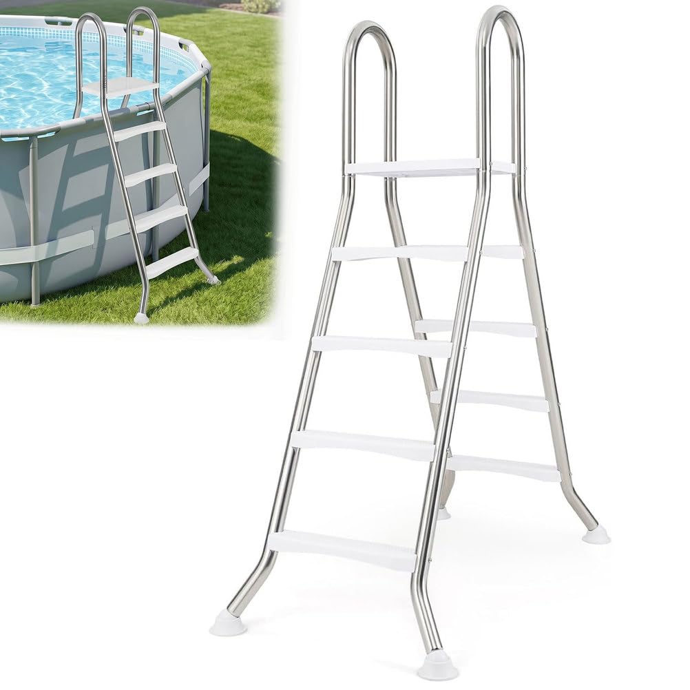 Escalera para Piscina Elevada, Escalera para Piscina de Acero Inoxidable Resistente con Plataforma Superior y Escalones Antideslizantes, Escalera de Piscina de 4 Peldaños de Doble 142 cm