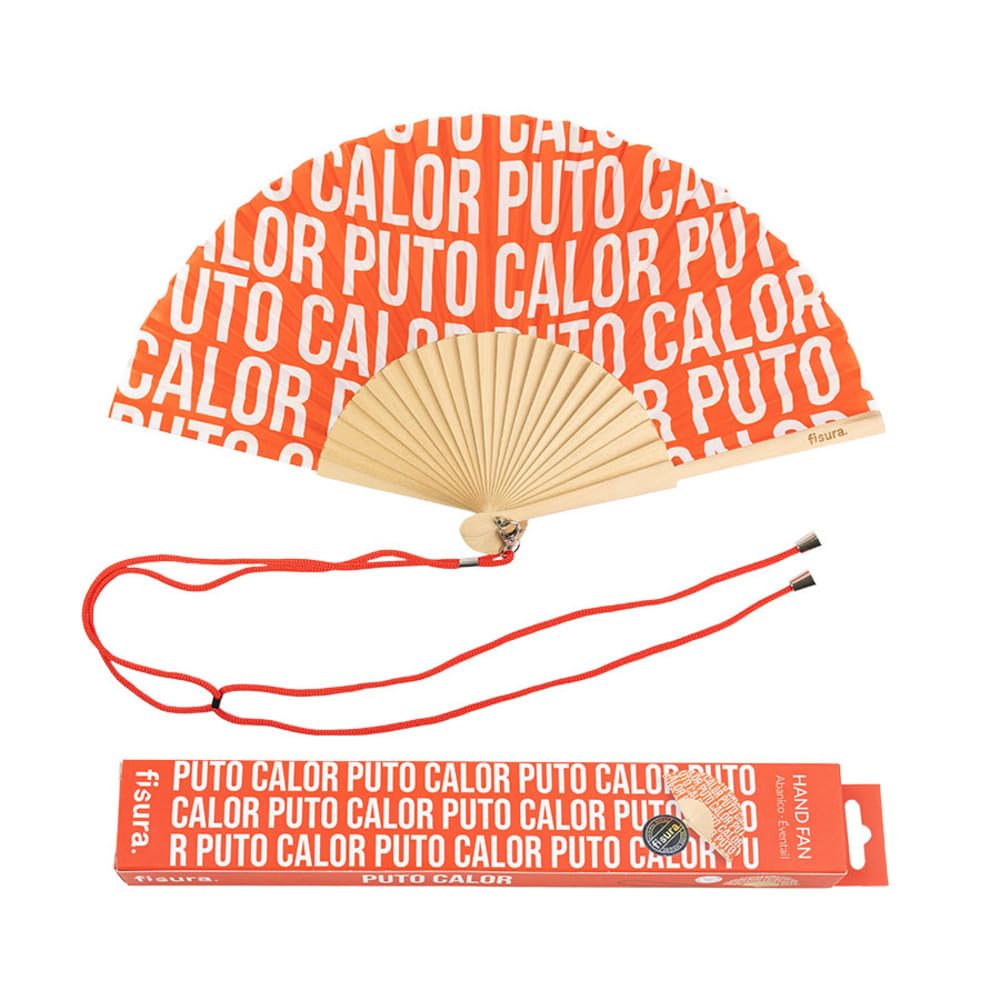 Fisura - Original handheld folding fan with the message in Spanish. Wooden fan. Original holding Hand Fans. Fan with hanger included (Calor, red pattern)